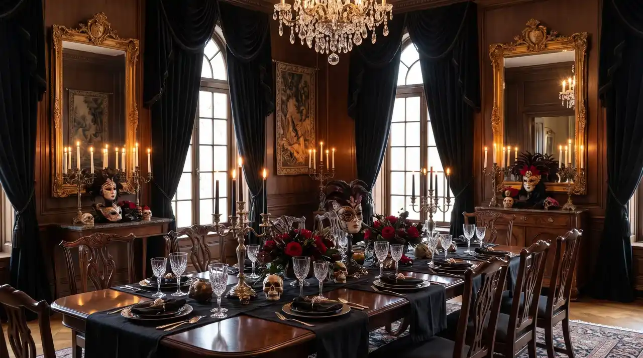 Gothic masquerade Halloween party table with ornate masks candelabra and dark roses for a formal Halloween theme.