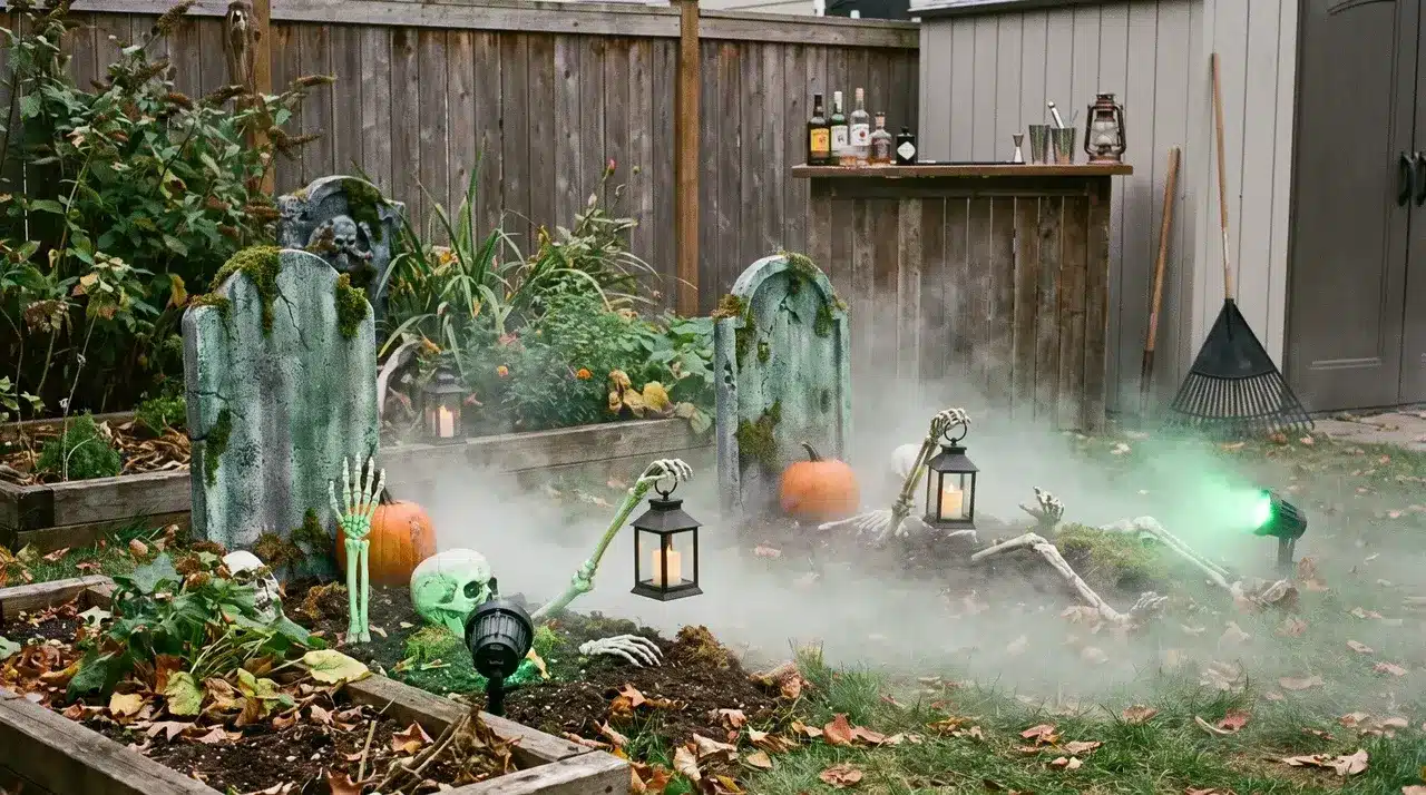 Graveyard shift Halloween themes with tombstones, pumpkins, fog, and spooky backyard decorations.