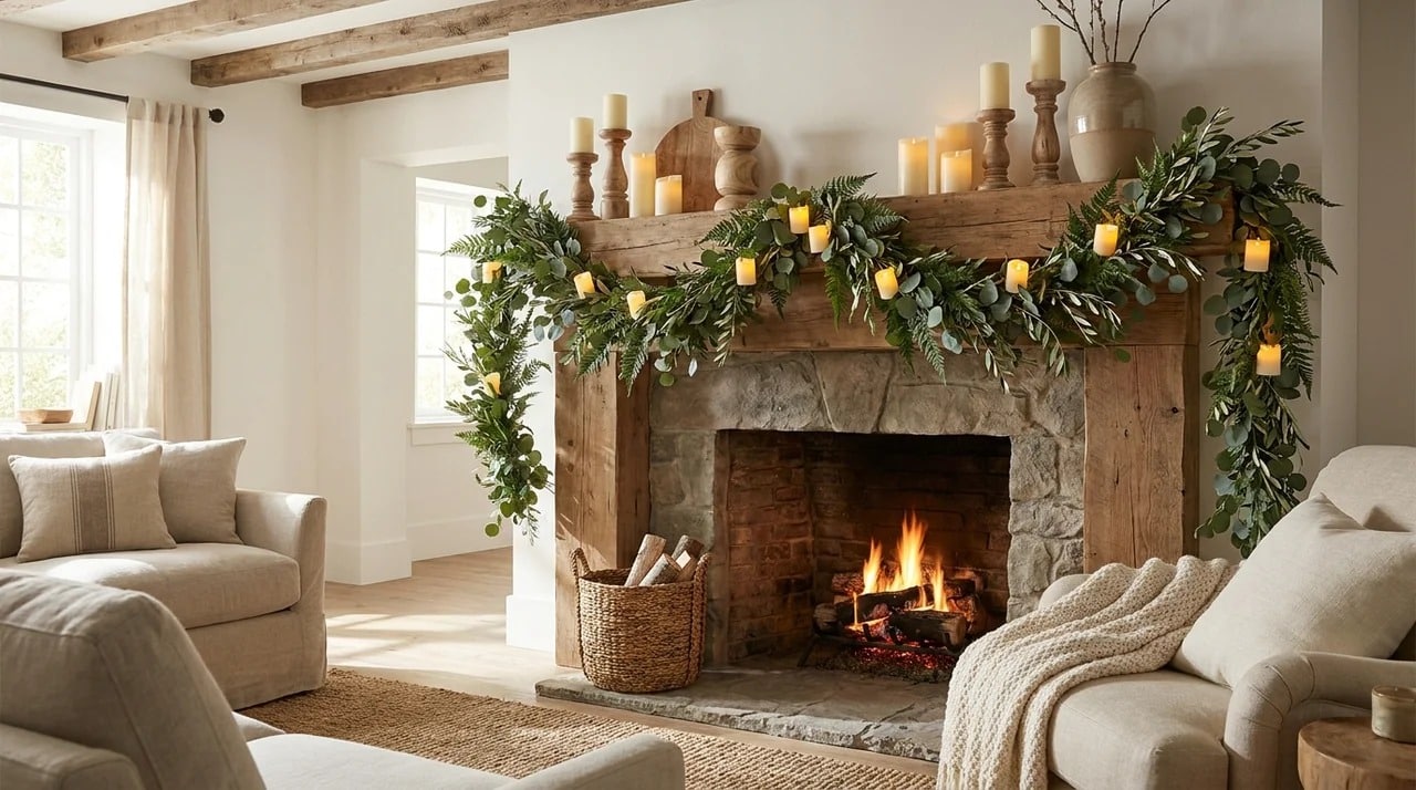 Fireplace mantel decorated with a green garland and natural accents.