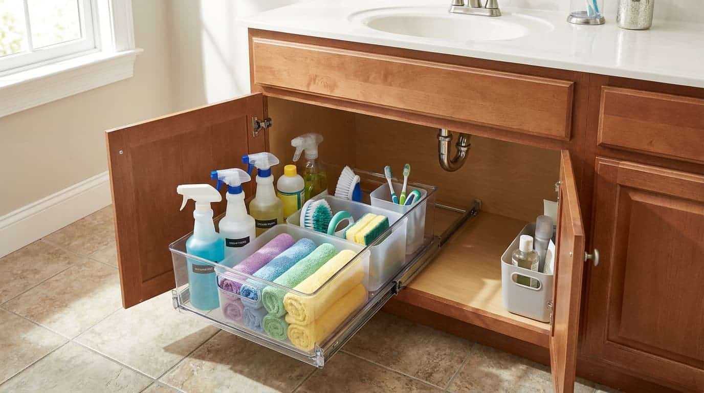 Organized bathroom vanity cabinet with clear pull-out bins storing cleaning supplies, brushes, towels, and bathroom essentials.