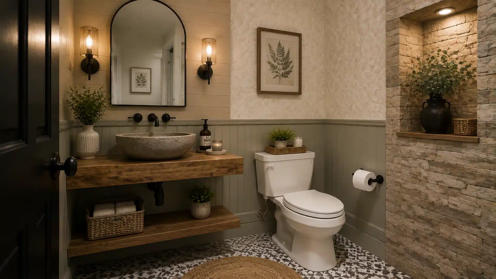 Half bathroom combining wood, stone, tile, and textured walls to create a layered interior design.