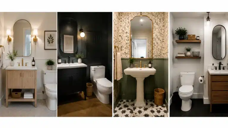 Four different half bathroom designs showing modern, dark, vintage, and minimalist styles with vanities, mirrors, storage, and decor.
