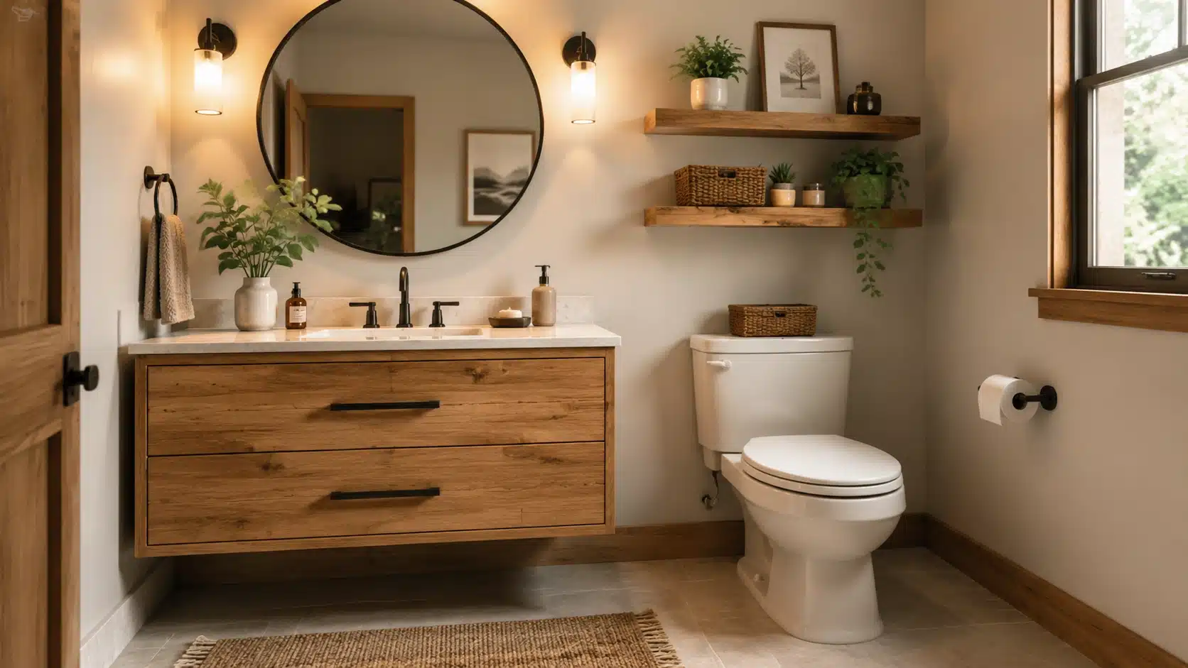 Half bathroom featuring a natural wood vanity, wooden accents, neutral walls, and warm finishes near the sink.