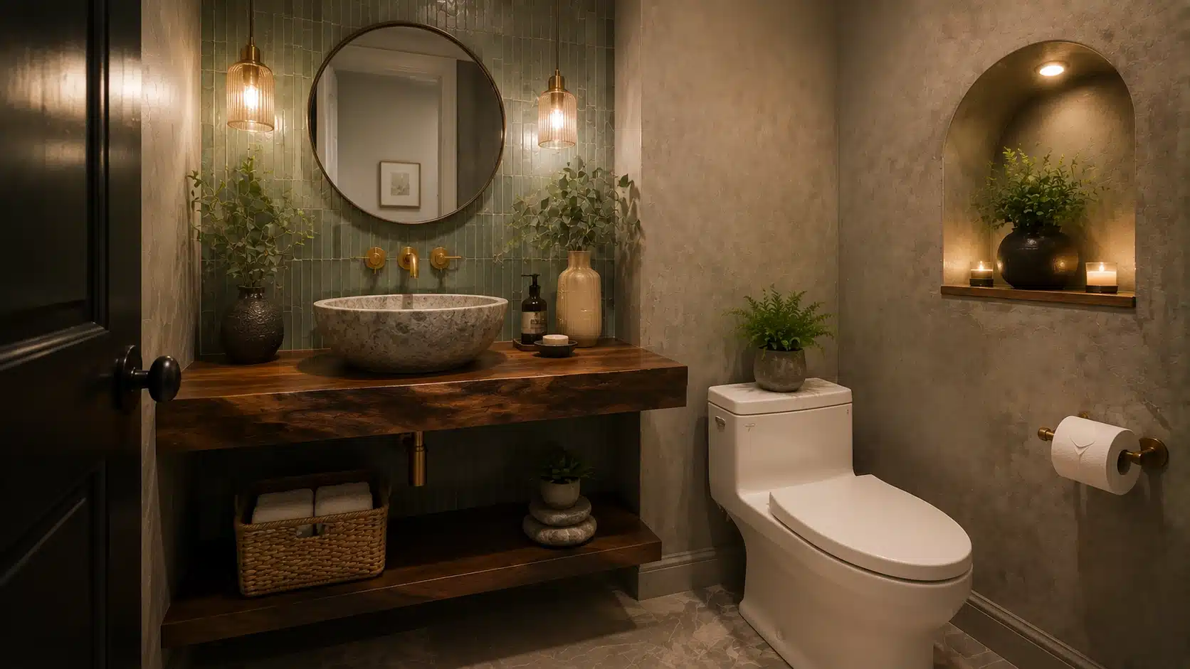 Half bathroom with a custom vanity, unique sink design, stone countertop, and statement bathroom details.