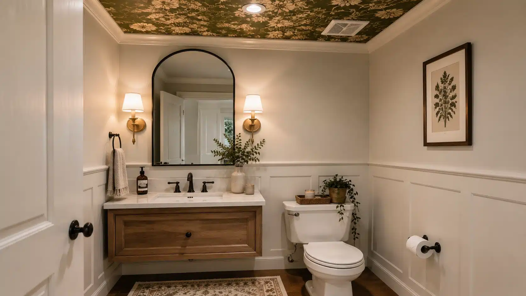 Half bathroom with a decorative ceiling featuring added color, pattern, and design details above the space.