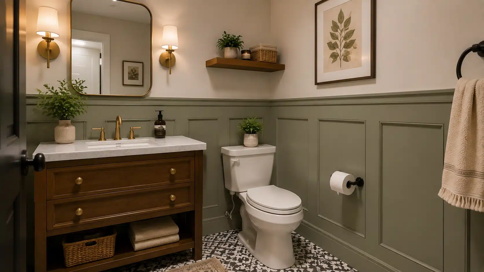 Half bathroom with decorative wall paneling, a modern vanity, mirror, and layered textures adding depth.