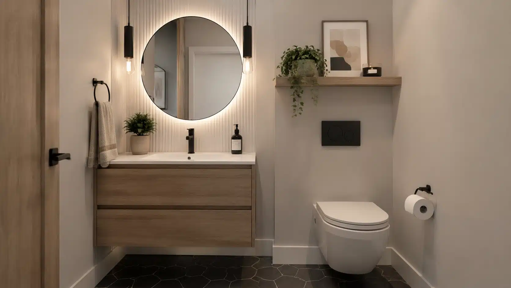 Half bathroom with decorative wall sconces beside a mirror creating balanced lighting around the vanity area.