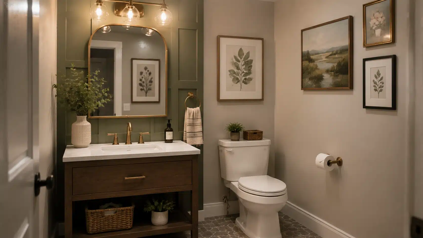 Half bathroom with framed artwork above the wall, stylish vanity, mirror, and simple decorative accents.
