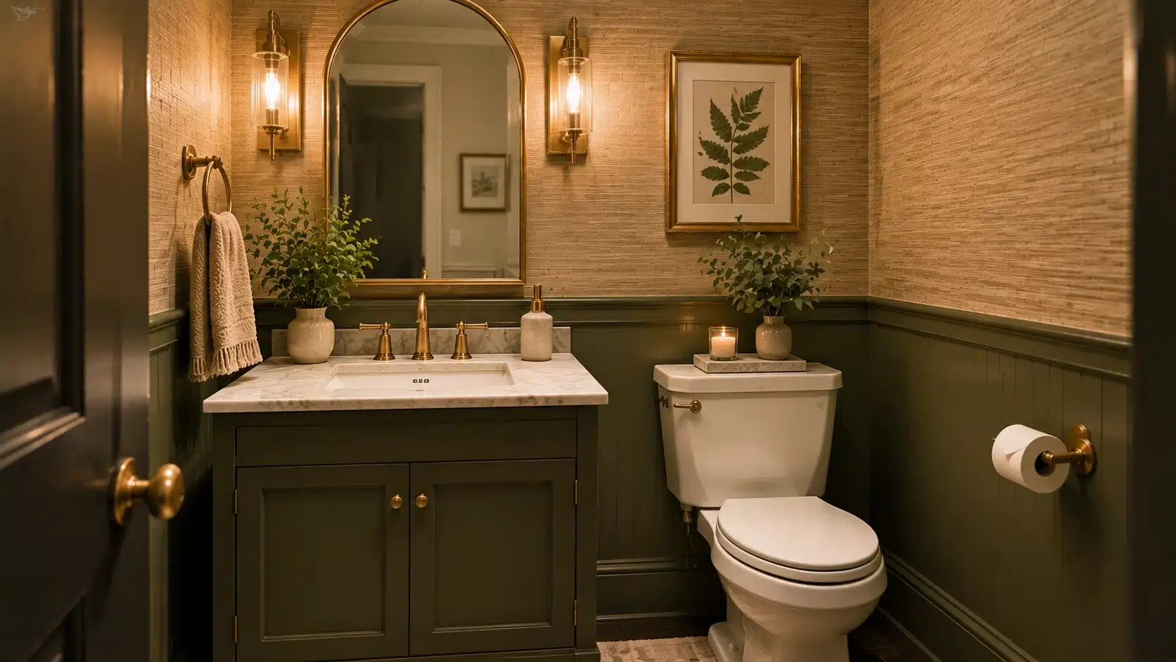 Half bathroom with statement black fixtures, modern faucet, unique hardware, and coordinated design details.