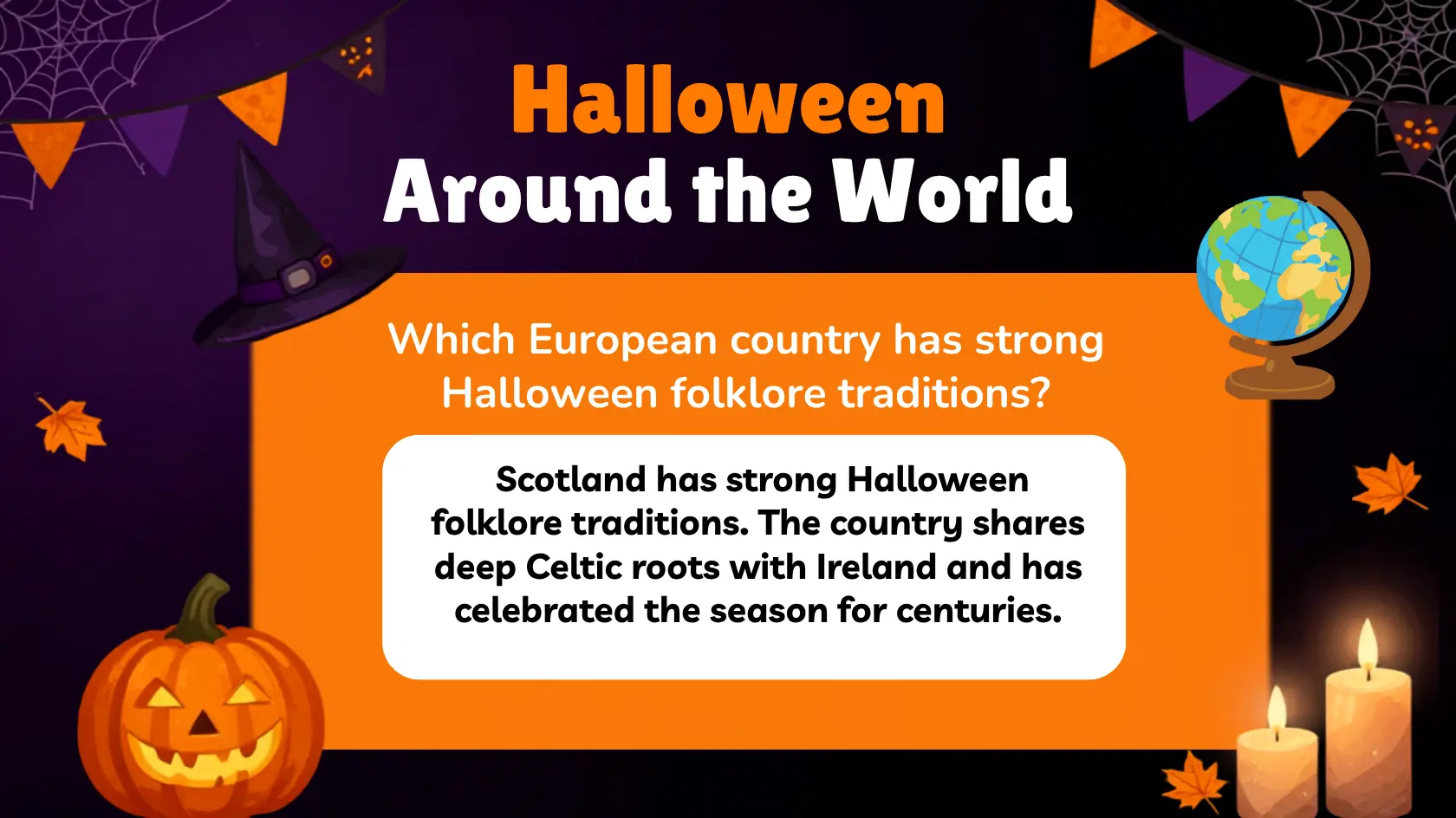 Halloween around the world trivia infographic showing global traditions, cultural celebrations, and quiz questions
