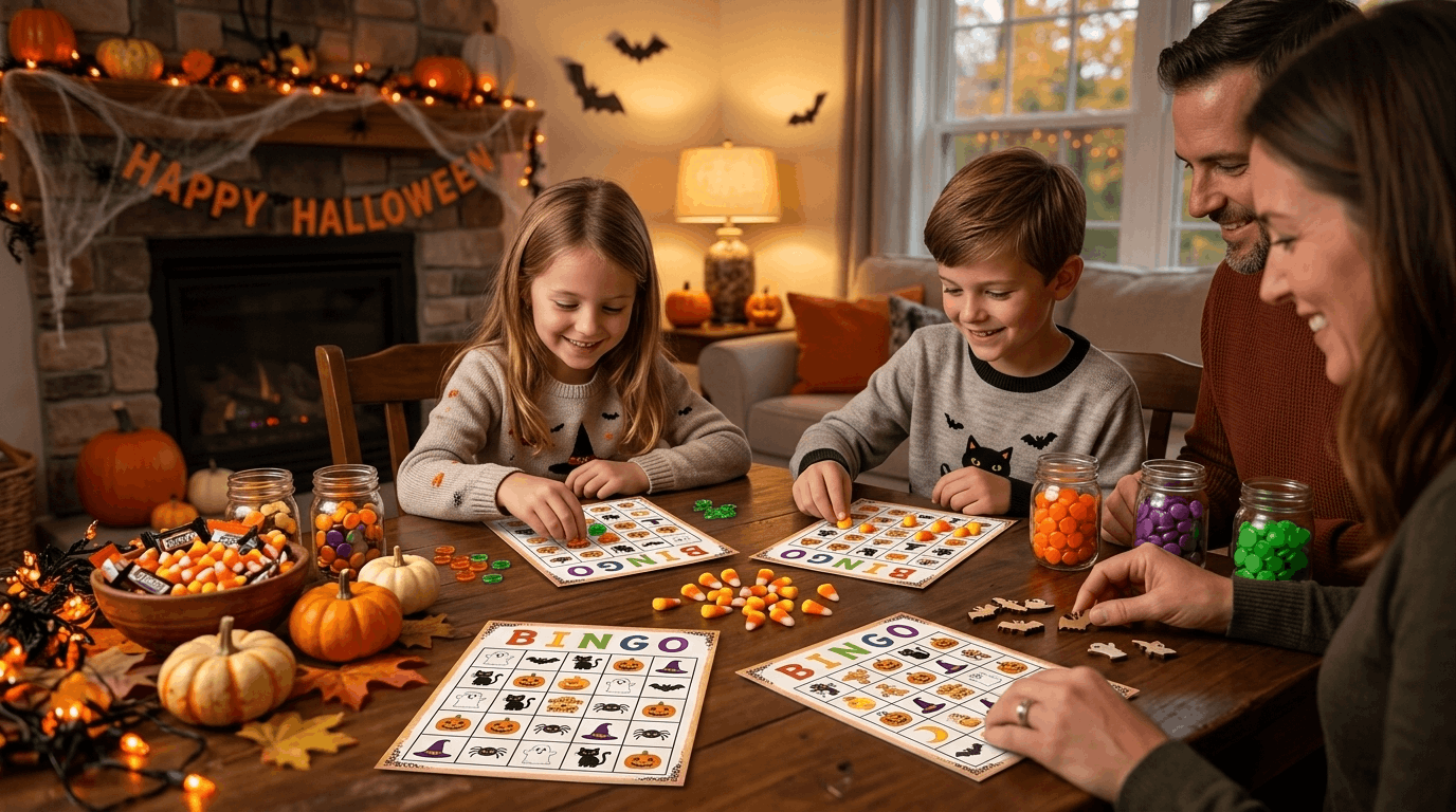 Halloween bingo cards with themed markers for family games