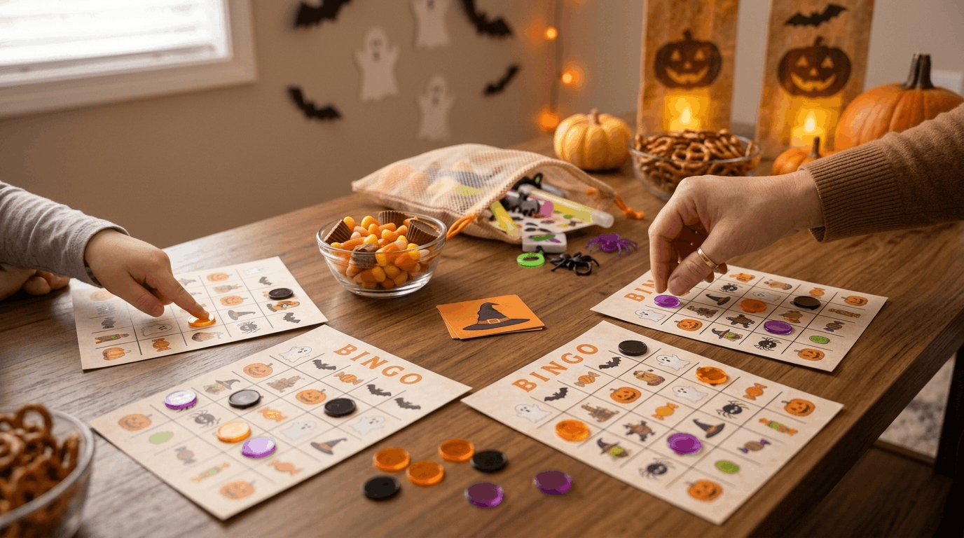 Halloween bingo game setup with themed cards and decorations
