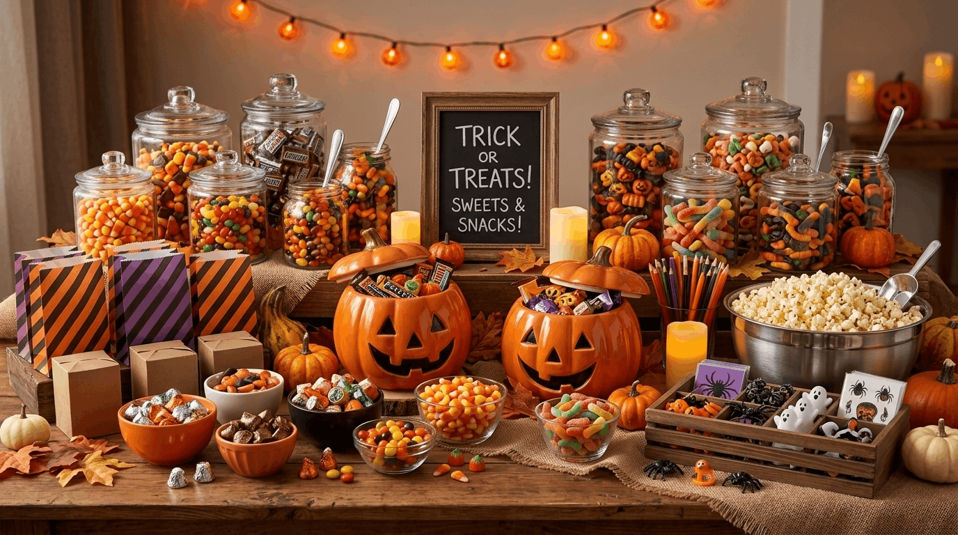 Halloween candy bar setup with jars and festive decorations