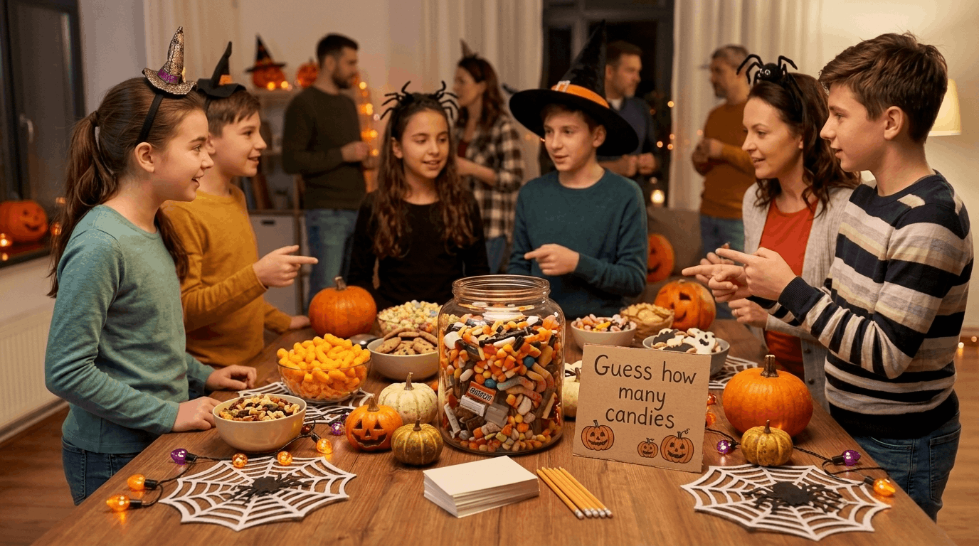 Halloween candy guessing game with decorated jar