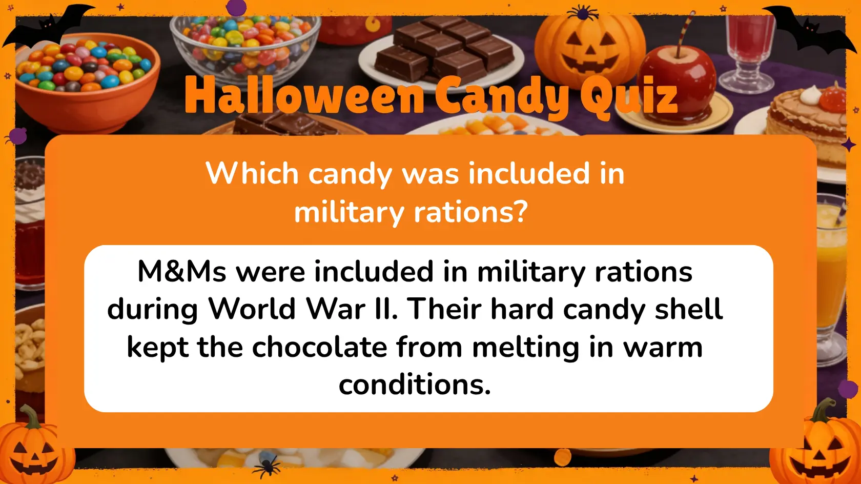 Halloween candy quiz infographic featuring candy questions, treats, sweets, and seasonal food facts