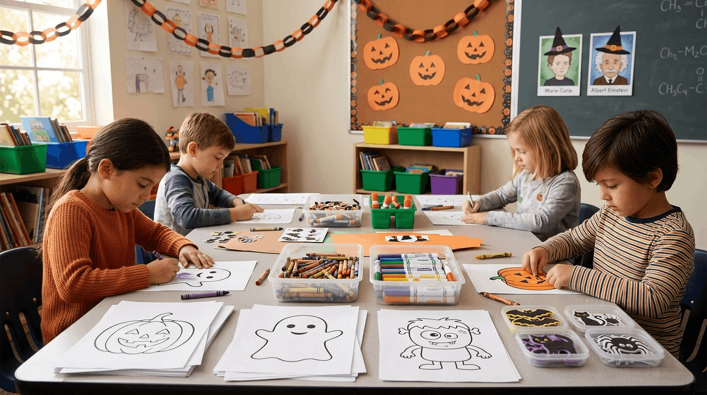 Halloween coloring station with kids and craft supplies