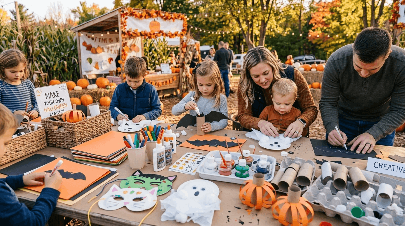 Halloween craft station with supplies for creative activities