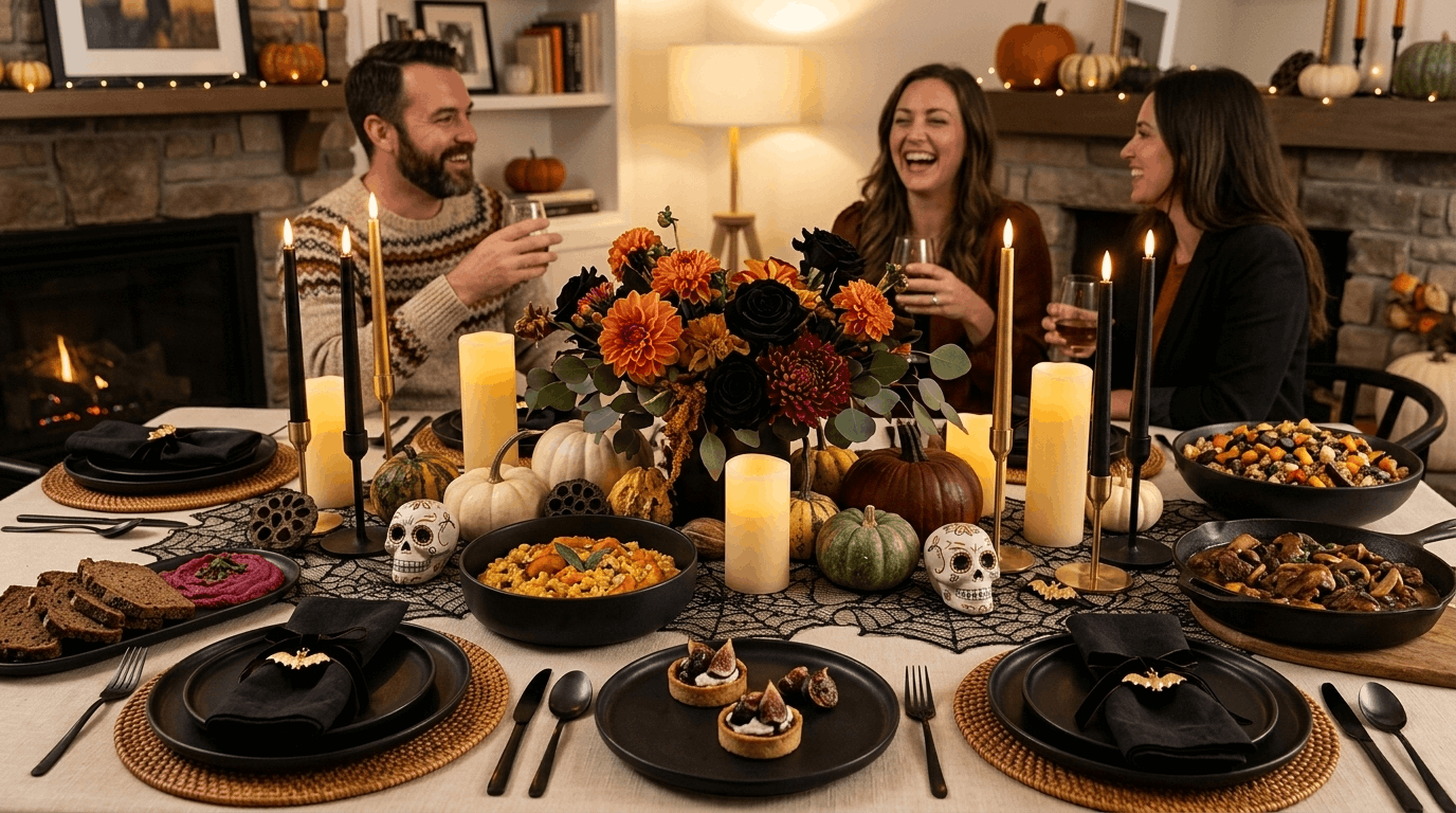 Halloween dinner party table with decorations and seasonal food