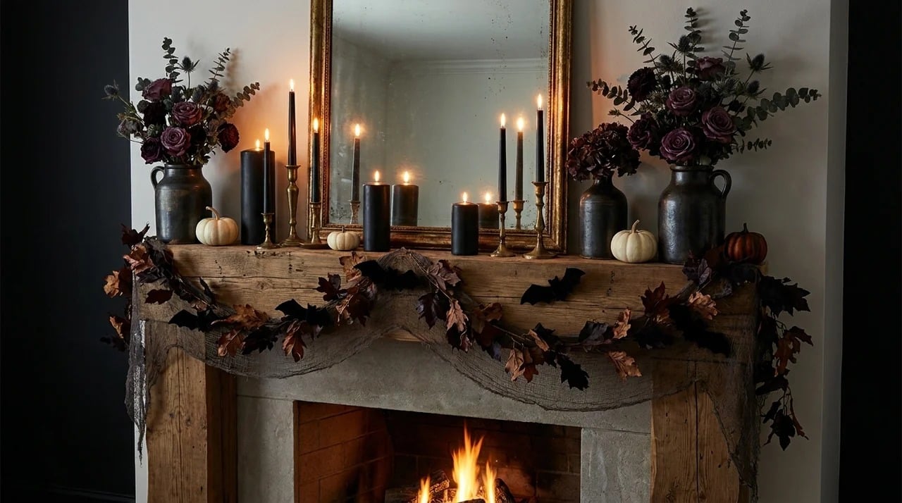 Halloween fireplace mantel decorated with stylish spooky accents.