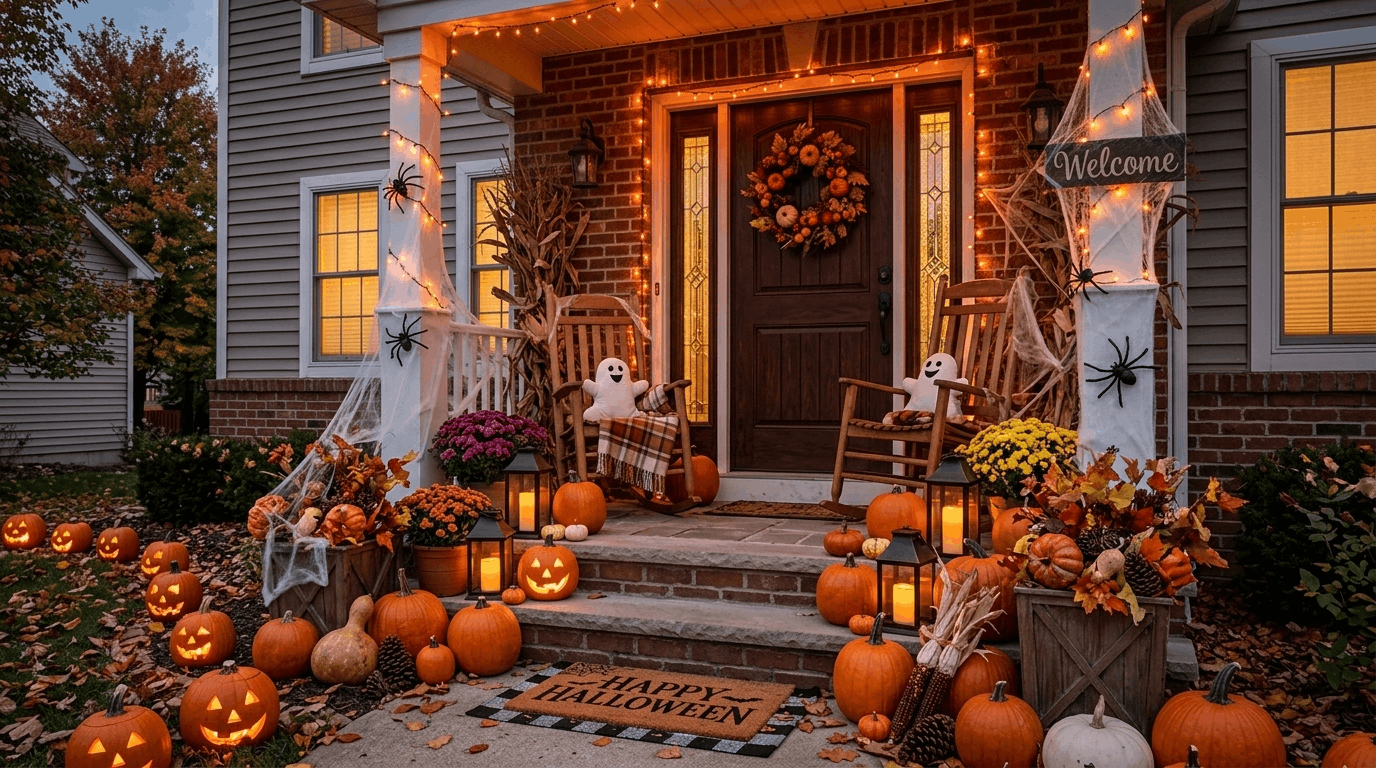 Halloween front porch decorated with pumpkins and lights