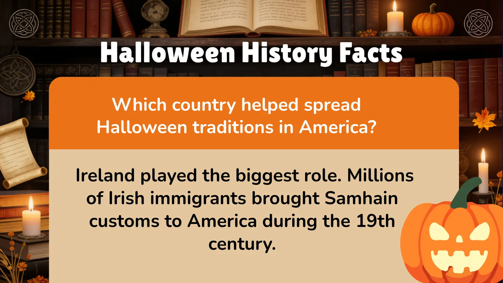 Halloween history facts infographic covering jack-o’-lantern origins, traditions, and historical questions