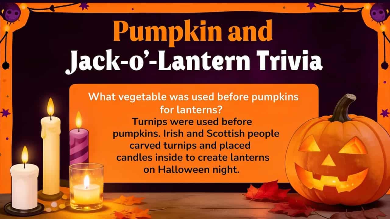 Pumpkin and jack-o’-lantern trivia infographic with Halloween questions about lantern history and traditions