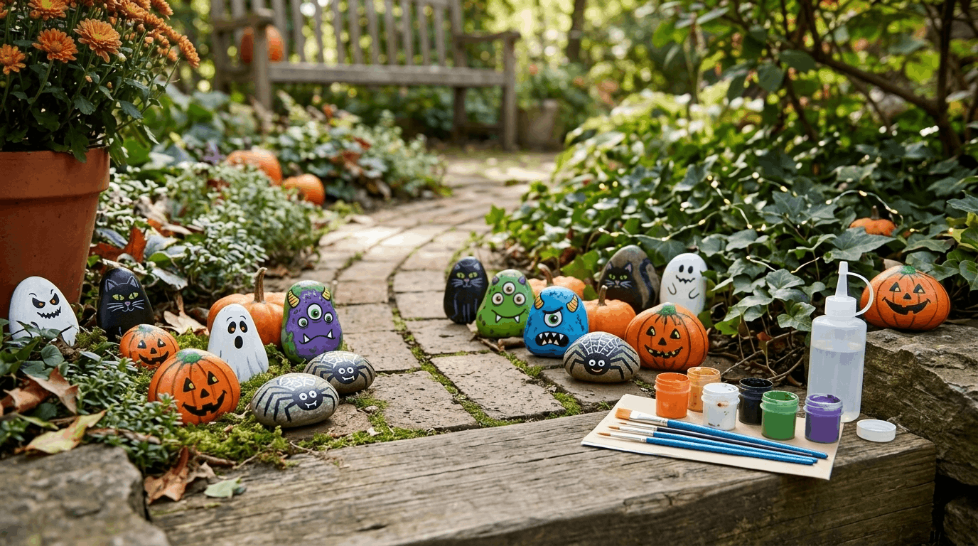 Halloween painted rocks featuring pumpkins, ghosts, monsters, spiders, and black cat designs.