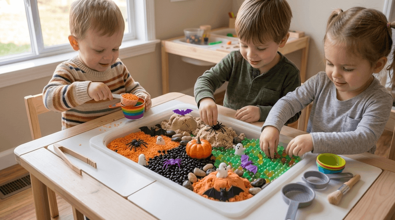 Halloween sensory bin activity with toys and textured materials