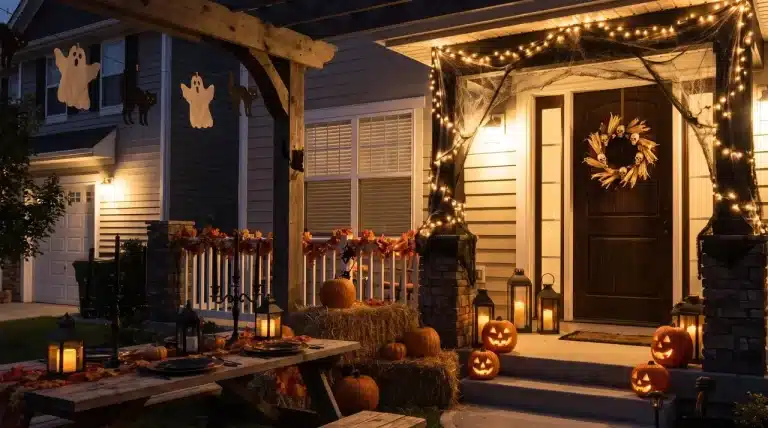Creative Halloween theme displayed in a decorated home with pumpkins, candles, and spooky autumn party details.