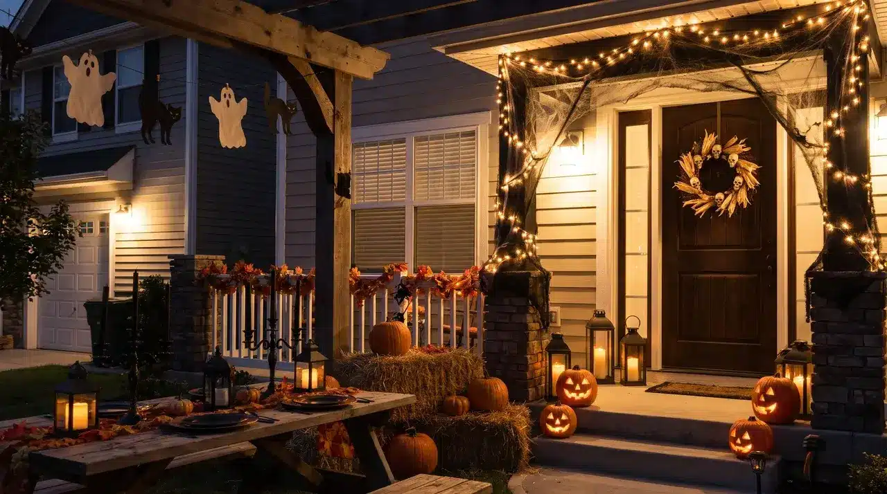 Creative Halloween theme displayed in a decorated home with pumpkins, candles, and spooky autumn party details.