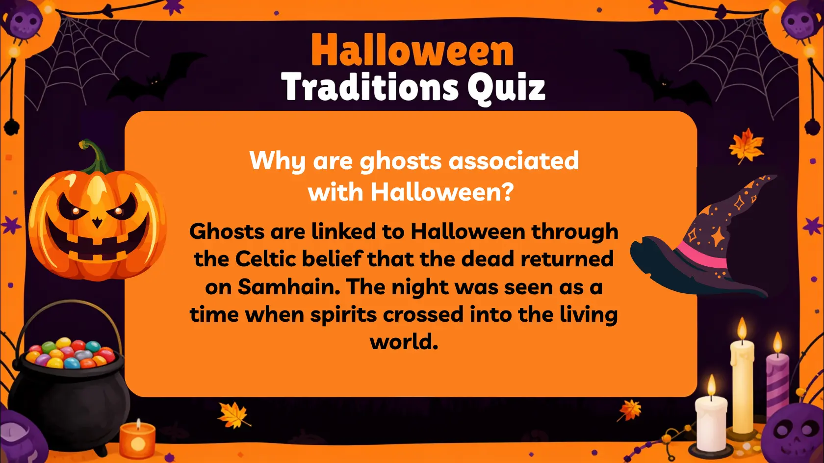 Halloween traditions quiz infographic covering jack-o’-lanterns, colors, decorations, and trick-or-treating facts