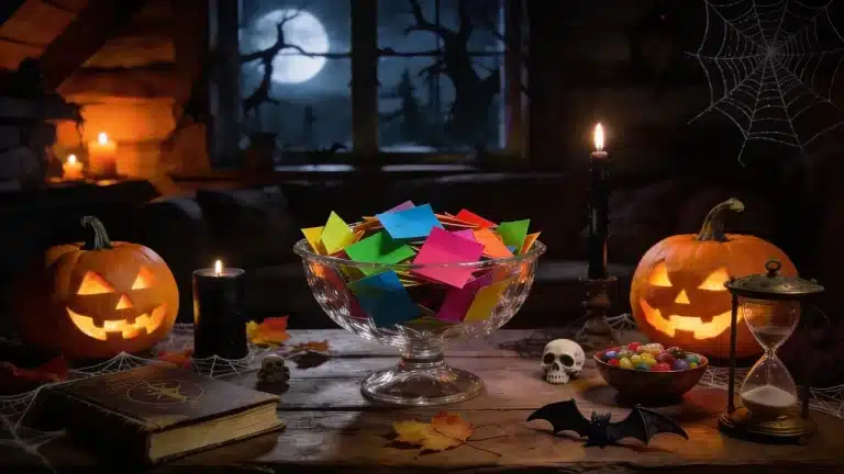 Halloween trivia game setup with colorful folded question chits in glass bowl, pumpkins, candles, and spooky night decorations.