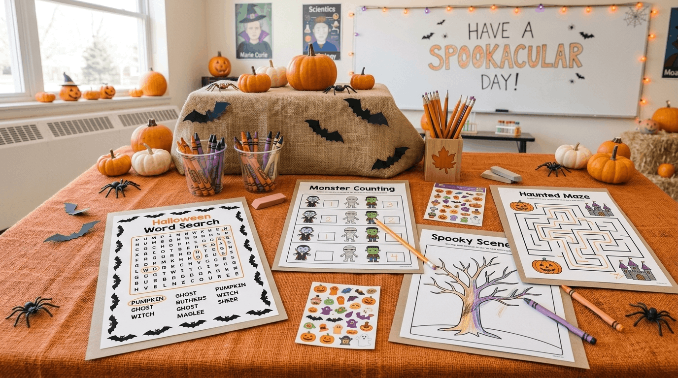 Halloween worksheets with educational activities for children