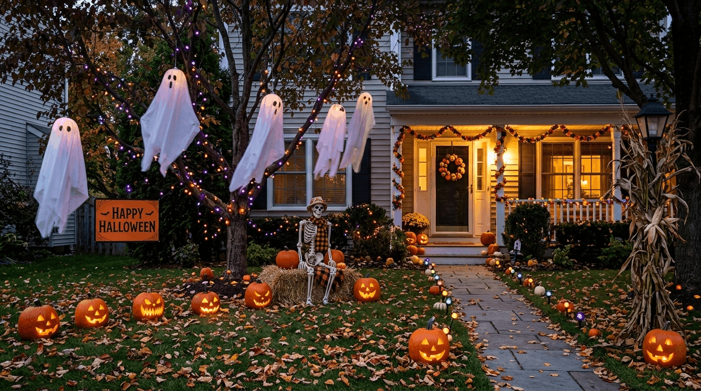 Halloween yard display with pumpkins ghosts and decorations