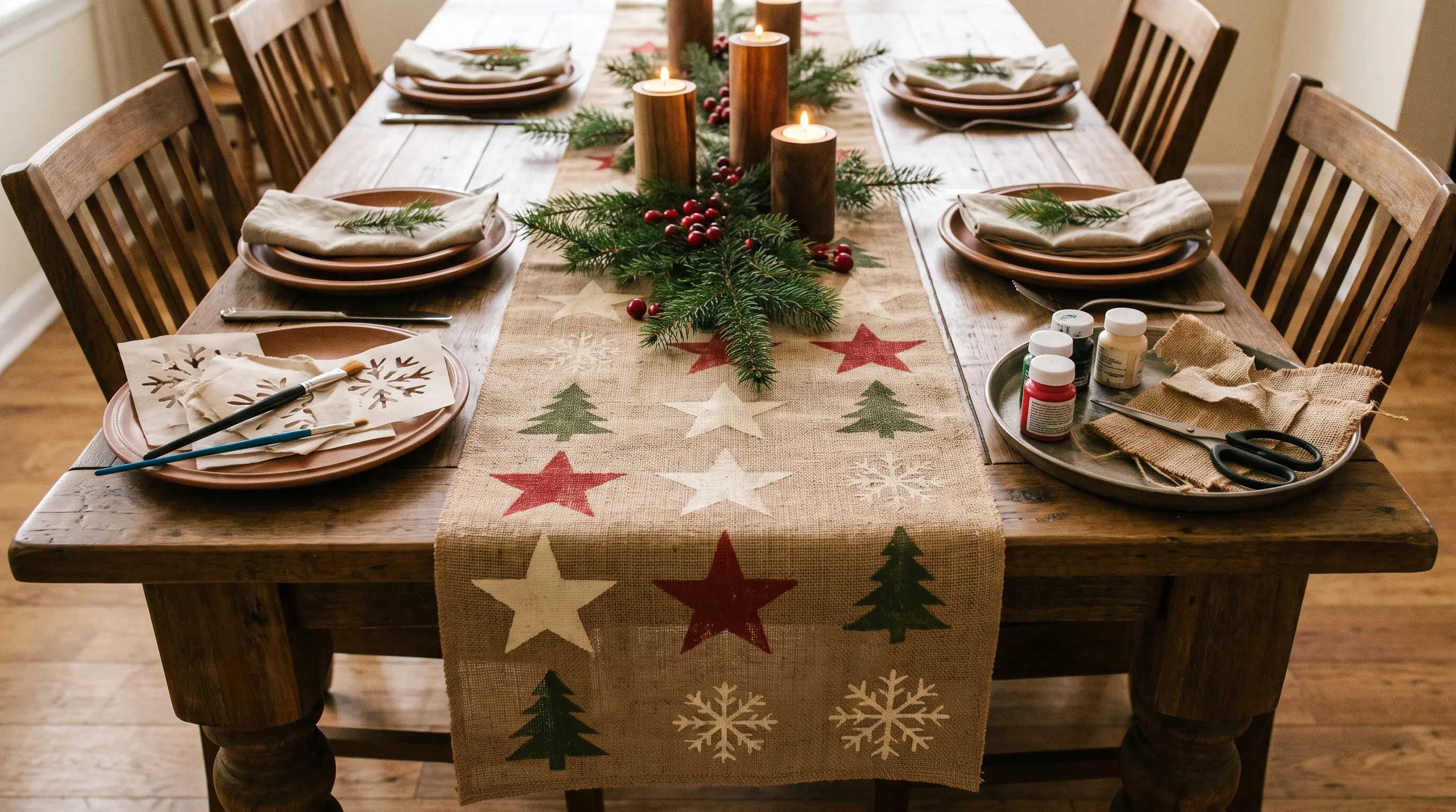 Handmade burlap Christmas table runner with festive details