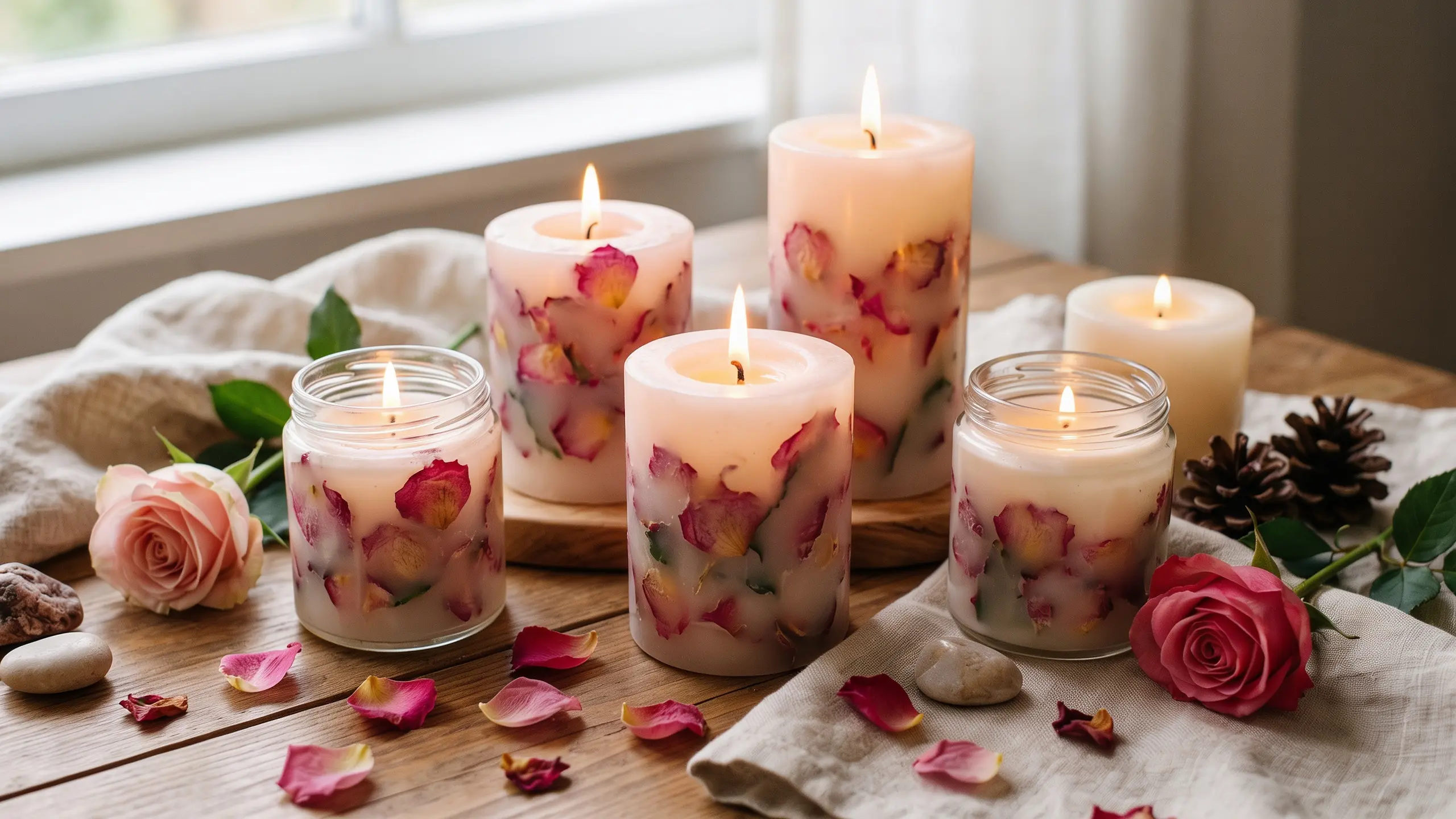 Handmade candles with dried rose petals embedded in clear wax