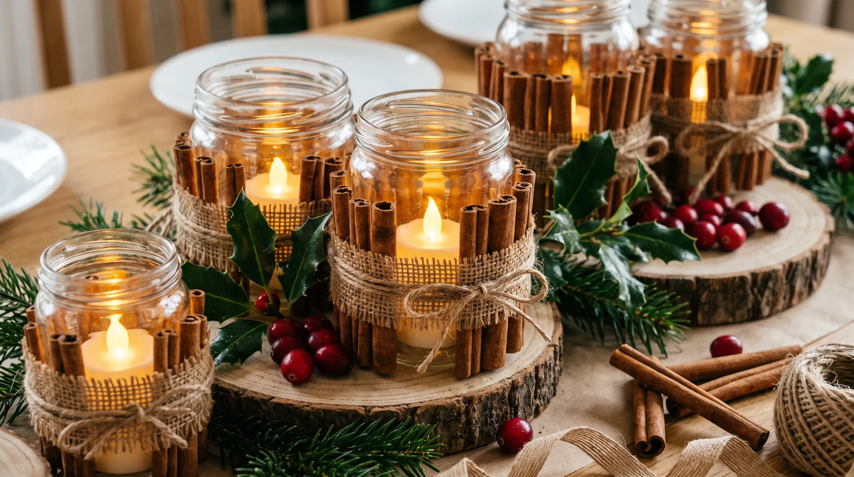 Handmade Christmas candle holders decorated with cinnamon sticks