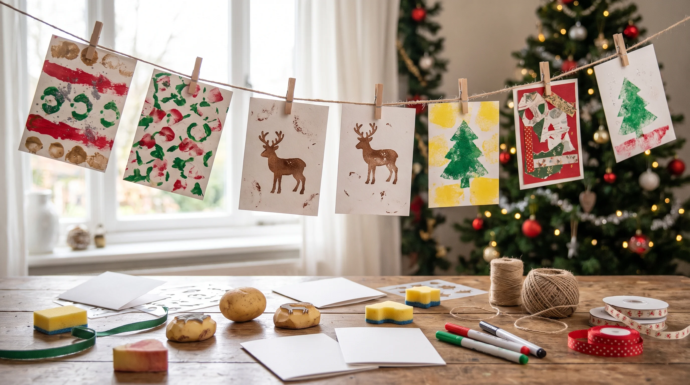 Handmade Christmas cards displayed as holiday hanging decor