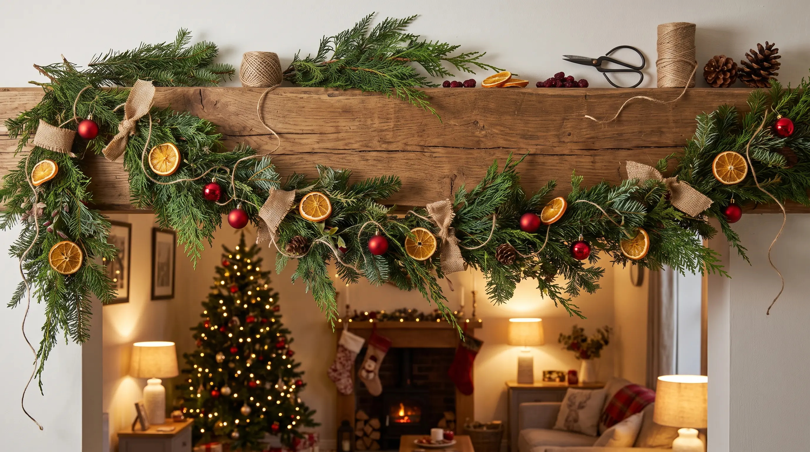 Handmade Christmas garland with greenery and festive accents