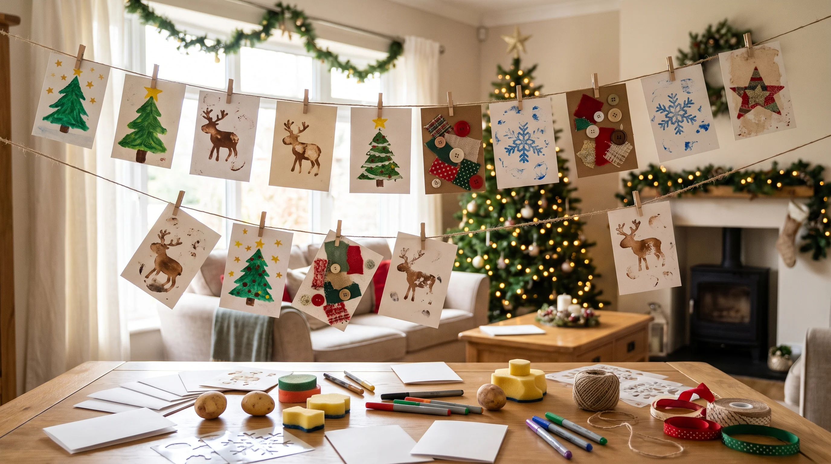 Handmade Christmas paper chain garland in festive colors