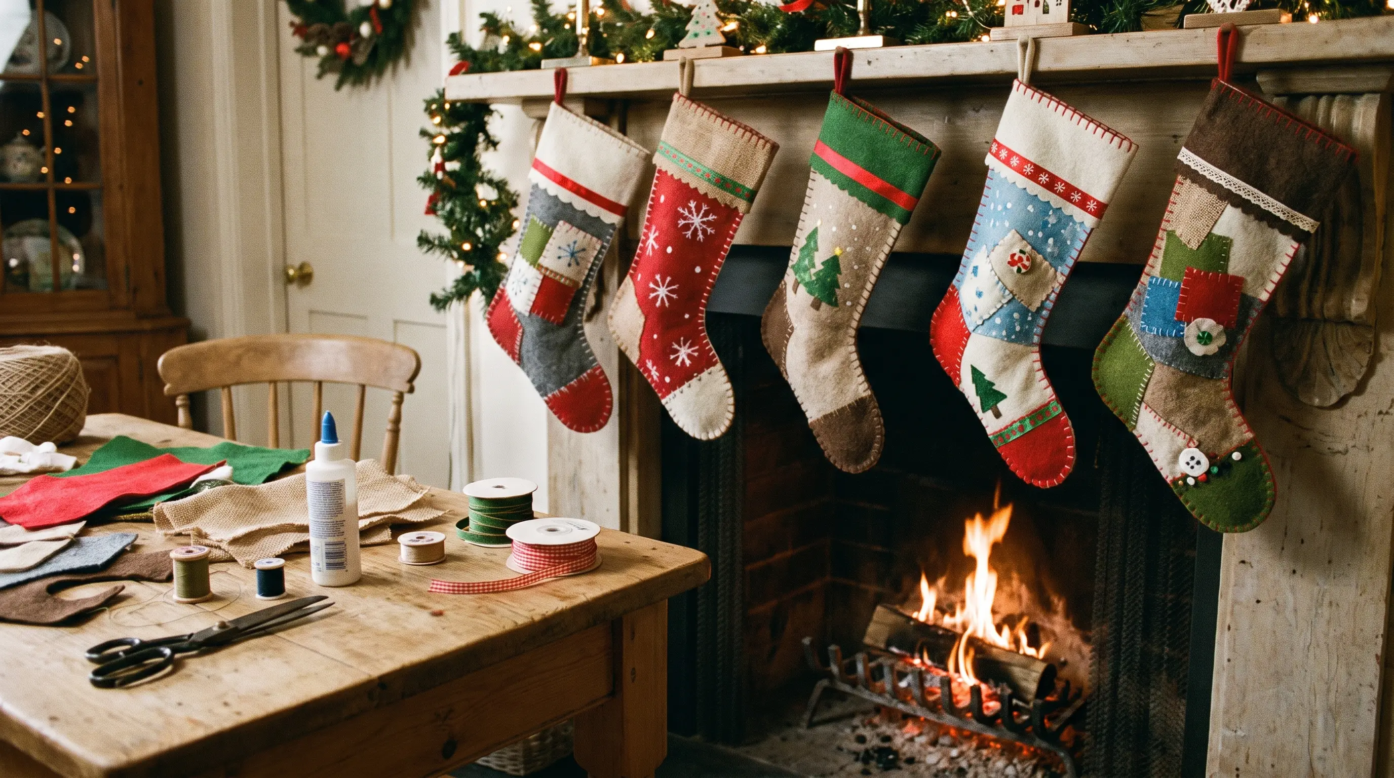 Handmade Christmas stockings created from fabric scraps