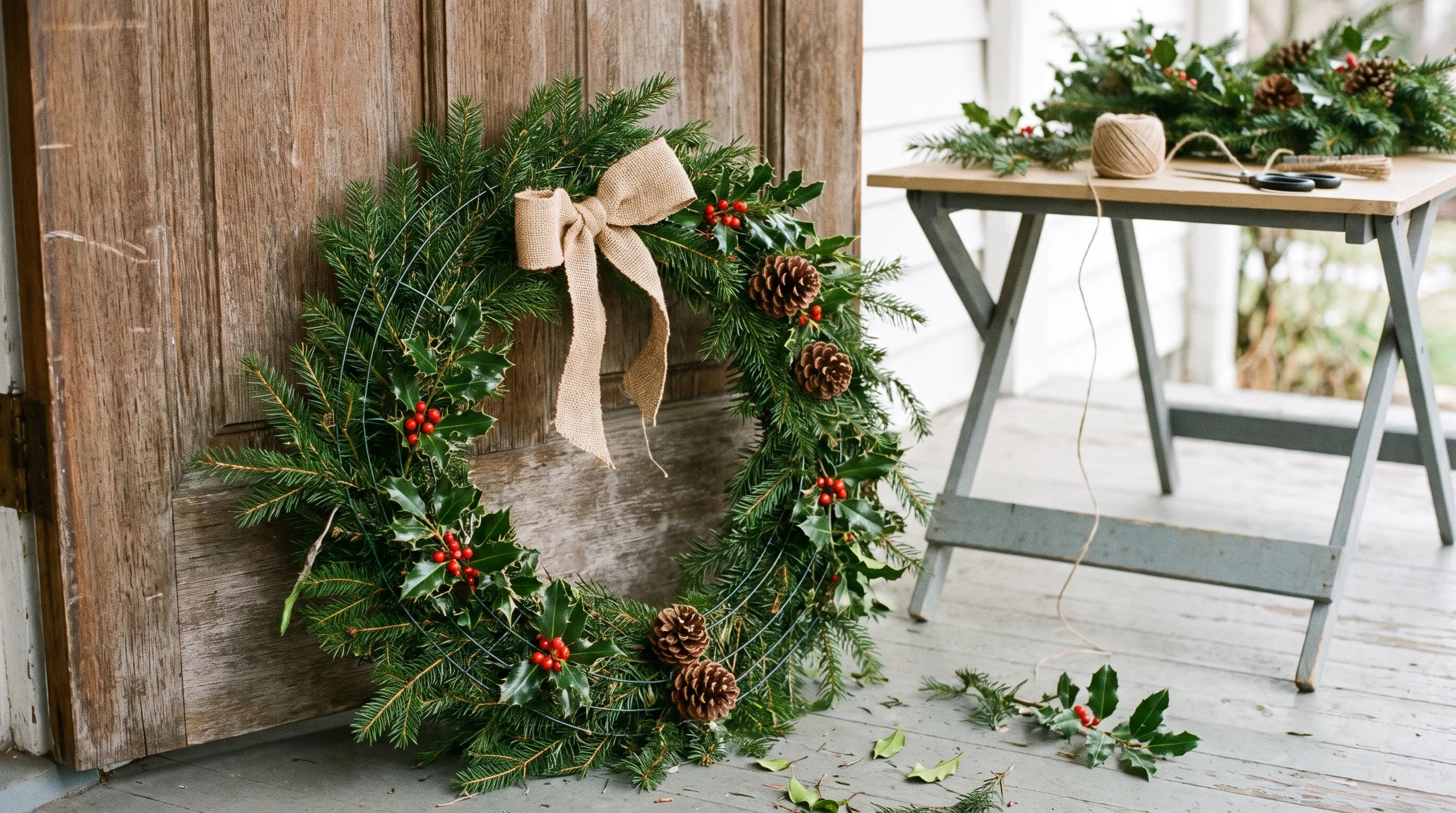 Handmade Christmas wreath with evergreen branches and berries