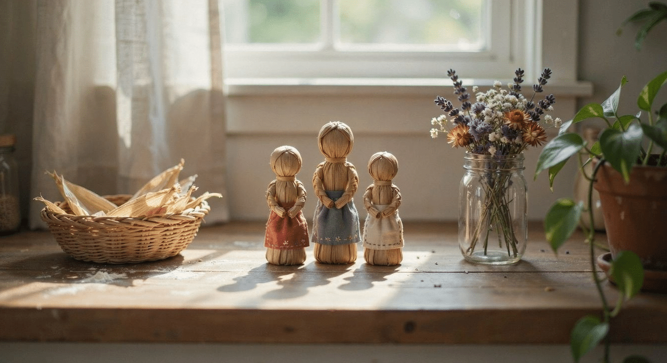 Handmade corn husk dolls standing on a wooden shelf