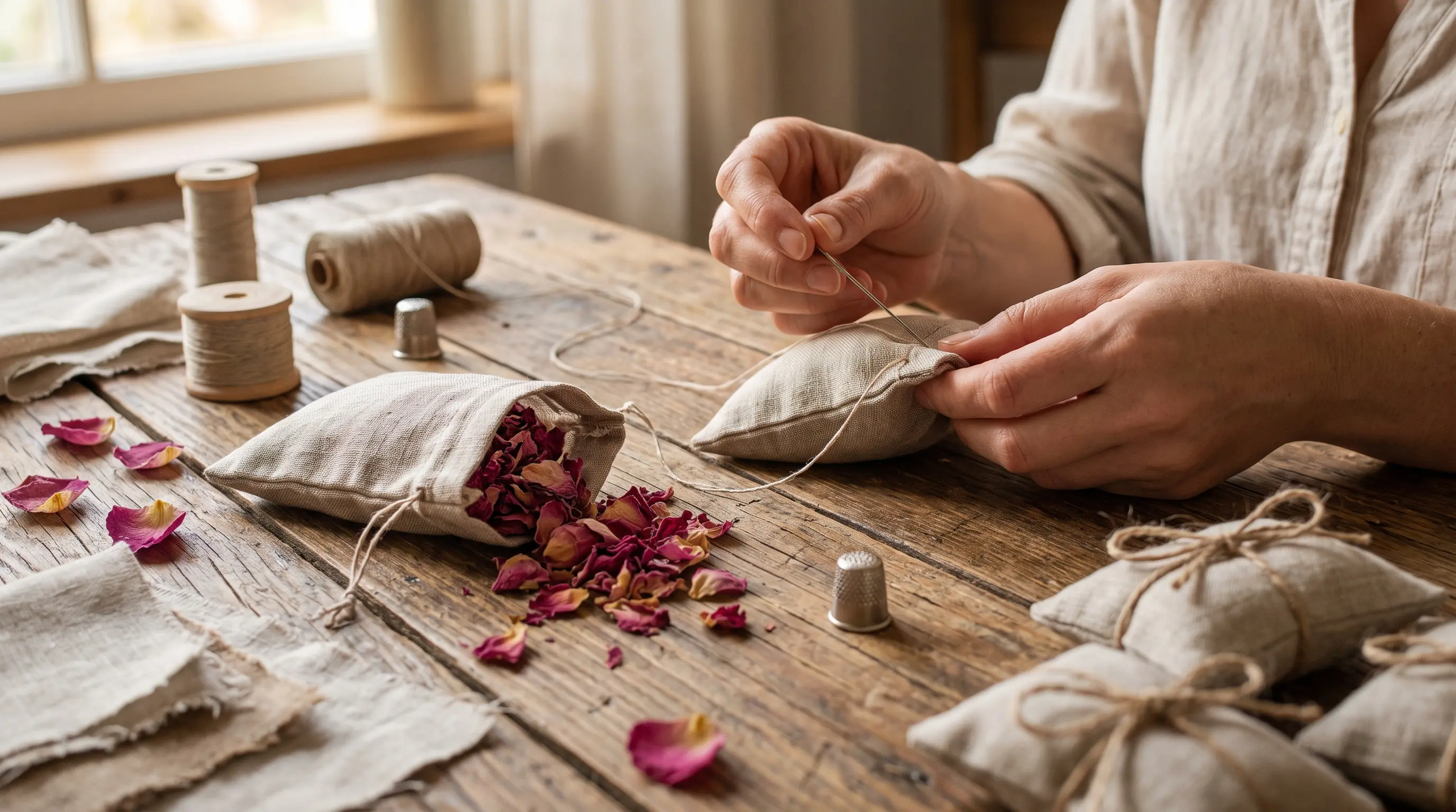 Handmade fabric sachets filled with dried rose petals on a craft table