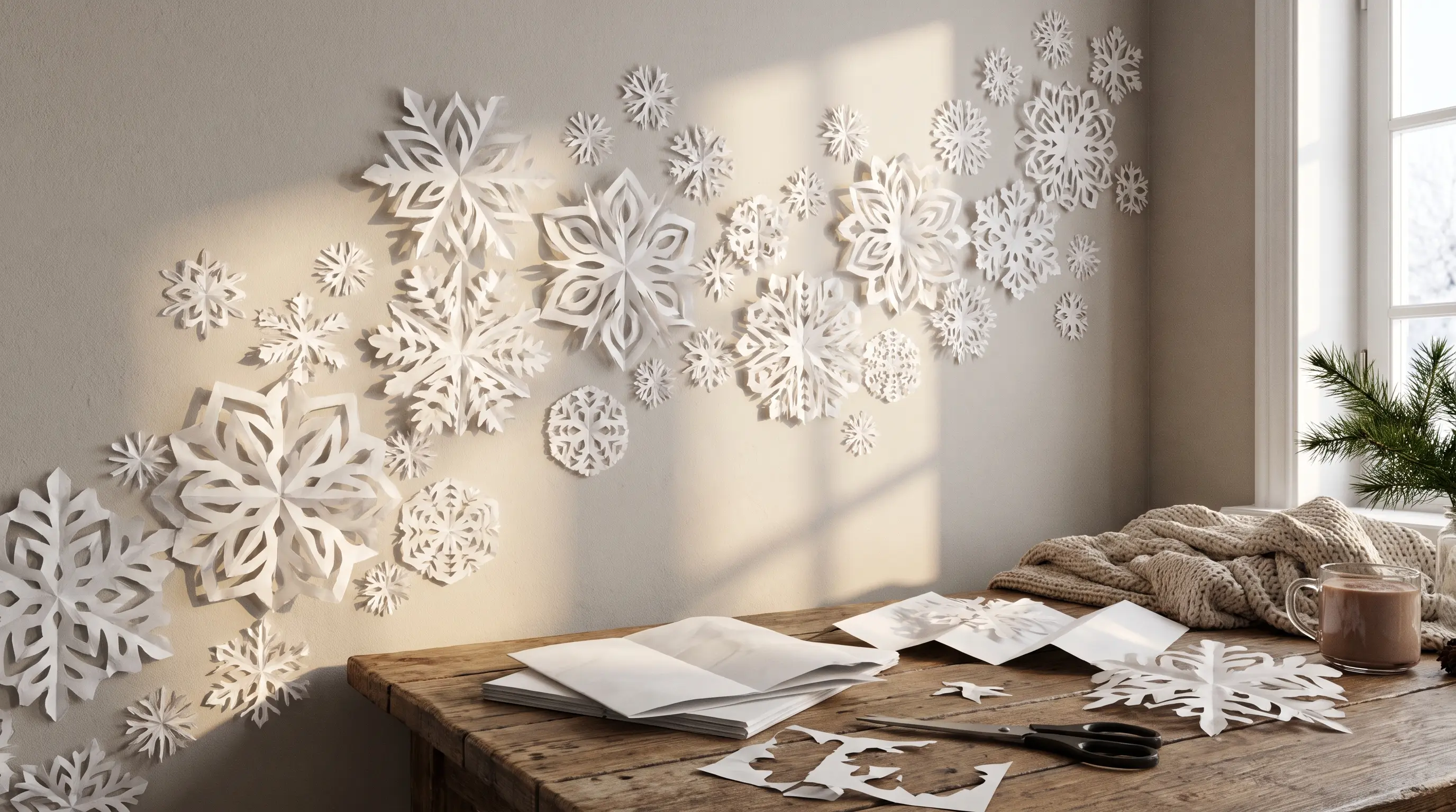Handmade paper snowflakes creating Christmas wall décor