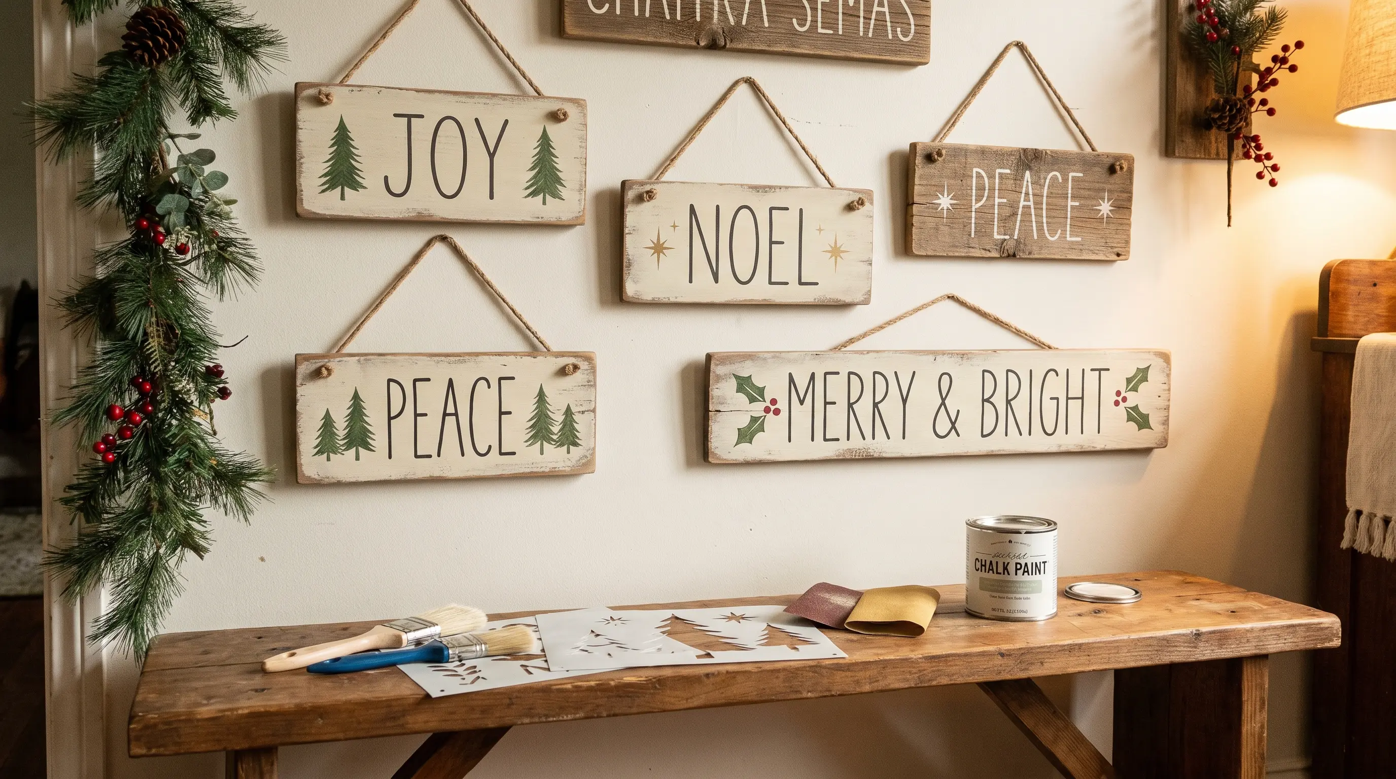 Handmade rustic wooden Christmas signs with holiday designs