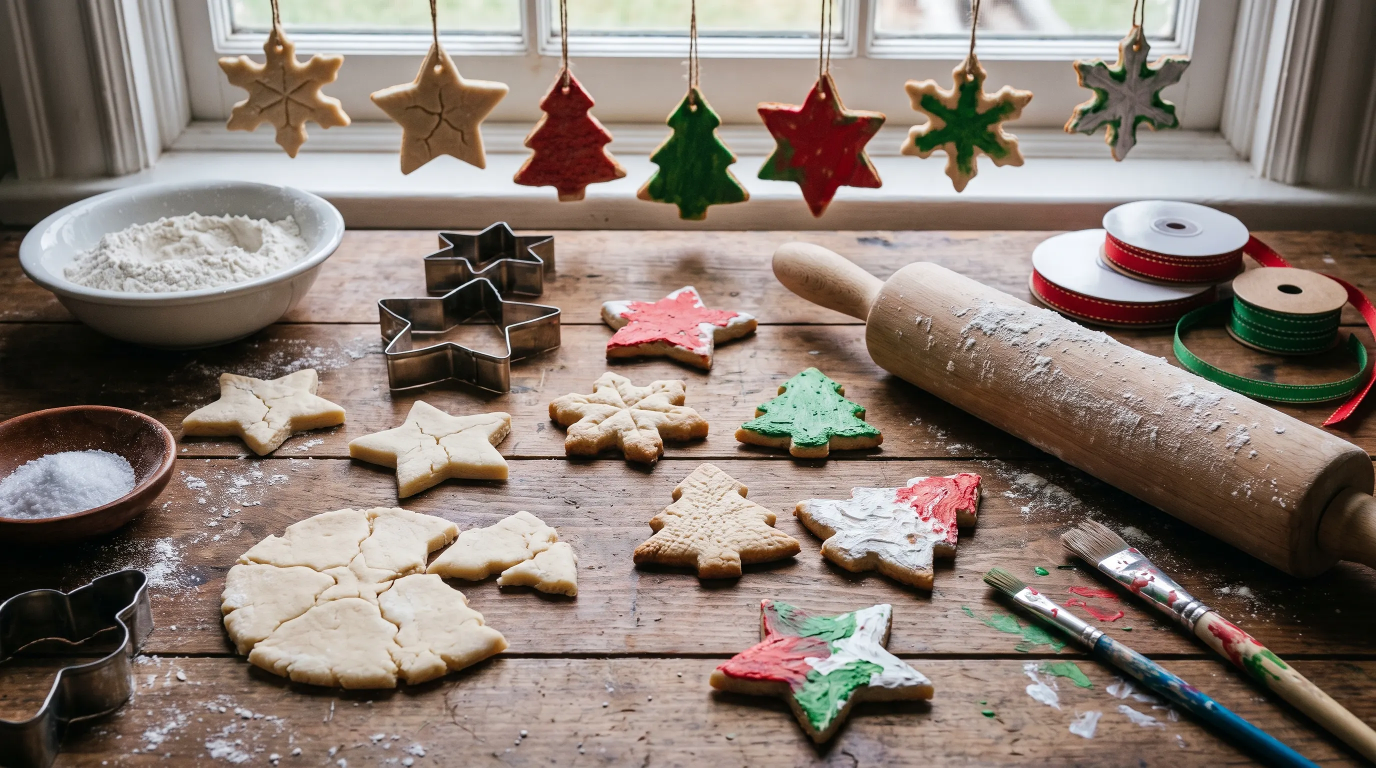 Handmade salt dough Christmas ornaments painted with festive colors