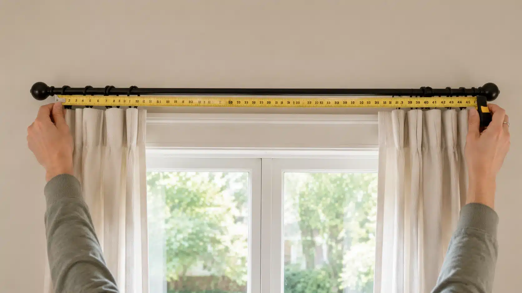 Hands measuring curtain rod width with a tape measure between finials to determine the correct curtain panel size for a window.