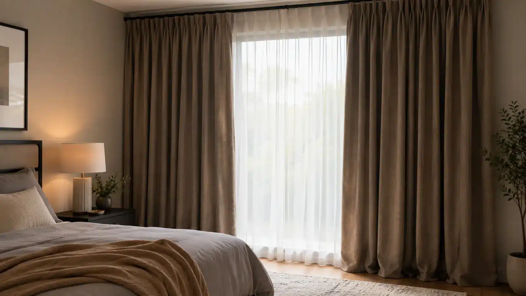 Bedroom window covered with heavy floor-length curtains to help absorb sound and reduce outside noise.