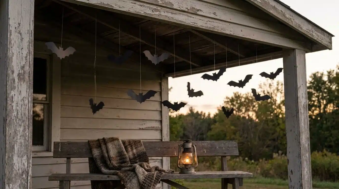 Hanging paper bats under a porch overhang